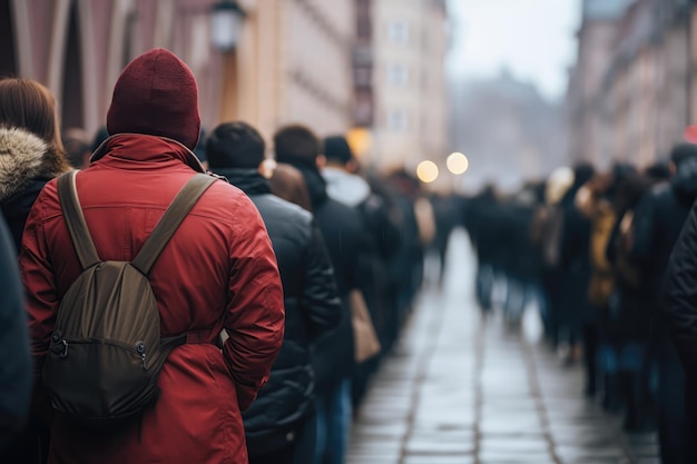 Foto muitas pessoas em fila na zona de libertação limitada do conceito de vacinas contra a covid. a implantação da vacina apresenta desafios. priorização do acesso à vacina. verificação das preocupações com a segurança da vacina.