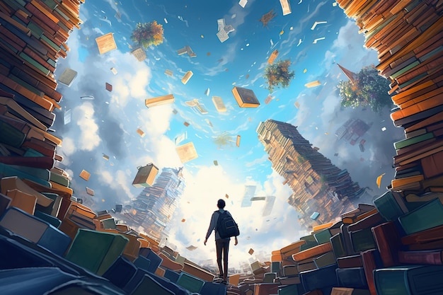 Muitas pilhas de livros caem do céu na cidade como uma chuva