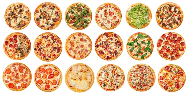 Foto muitas pizzas sortidas isoladas com design de menu de colagem