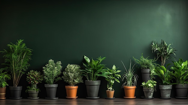 Muitas plantas em vasos em linha no fundo da parede Conceito de jardinagem doméstica