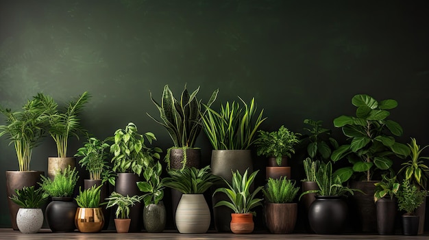 Muitas plantas em vasos em linha no fundo da parede Conceito de jardinagem doméstica