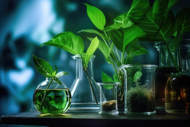 Muitas plantas verdes em tubos de ensaio Generative AI
