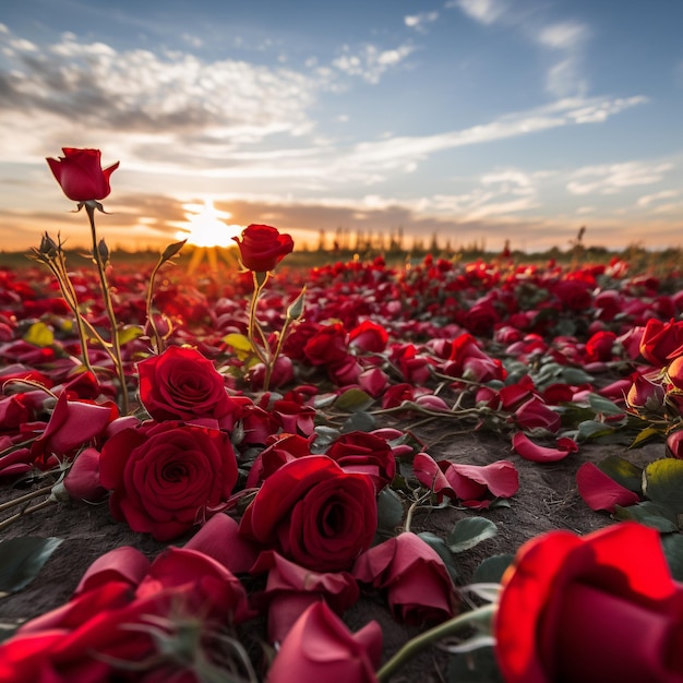 Foto muitas rosas vermelhas estendidas num campo