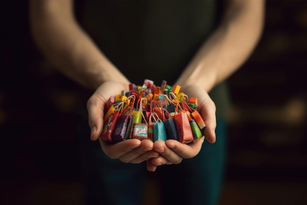 Muitas sacolas de compras nas mãos femininas Sobre o consumo IA generativa