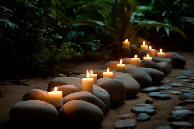 Muitas velas entre as pedras para relaxamento