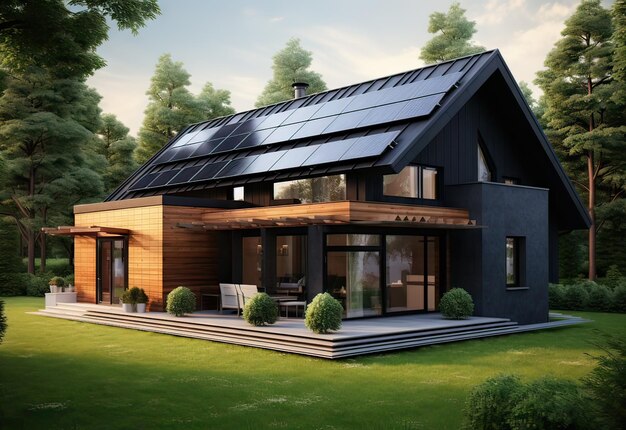 muito bela casa minimalista moderna com painéis solares no telhado no campo