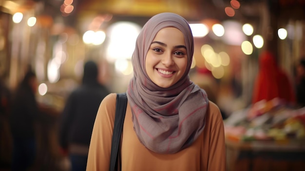 Muito bonita muito atraente jovem muçulmana asiática com hijab olhando para a câmera posando em um mercado da cidade árabe