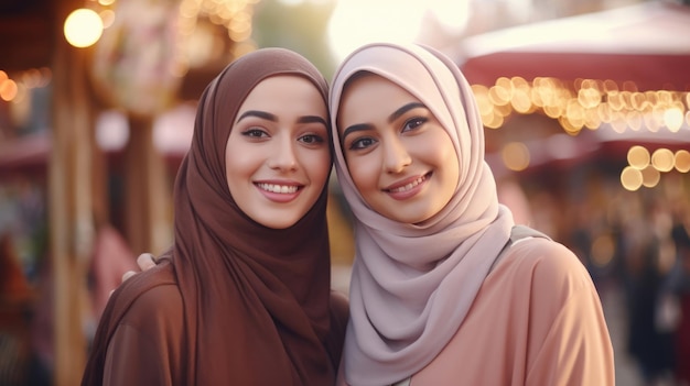 Muito bonita muito atraente jovem muçulmana asiática com hijab olhando para a câmera posando em um mercado da cidade árabe