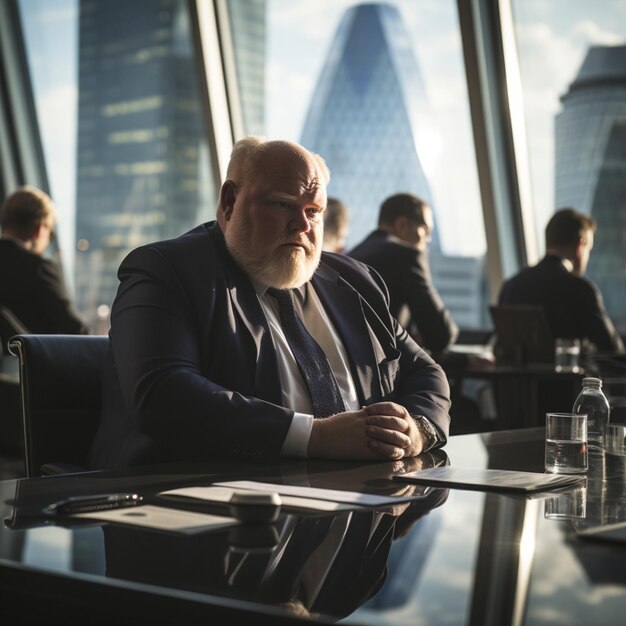 Muito grosso velho chefe com barba e pouco cabelo na mesa de reunião da empresa em terno preparado para a reunião Pensar