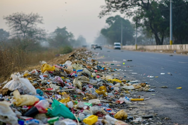 Muito lixo à beira da estrada na Índia