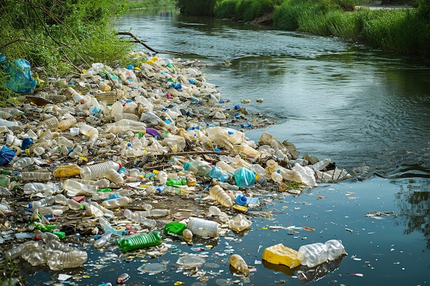 Muito lixo plástico no rio, uma enorme pilha.