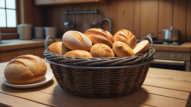 Muito pão numa cesta numa mesa de madeira.