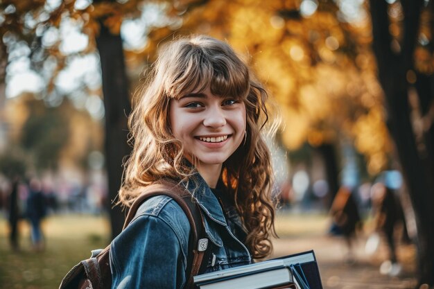 Muito sorridente estudante casual com livros felizmente olhando para a câmera no parque