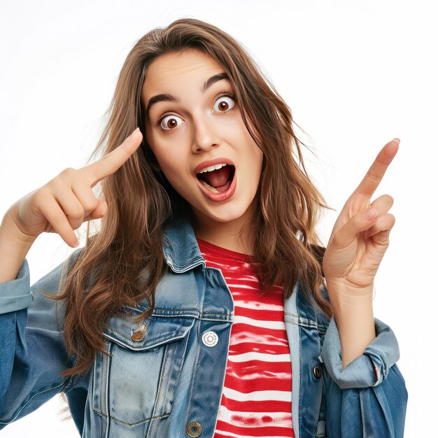 Foto muito surpreendido alegre jovem mulher apontando ai generativa