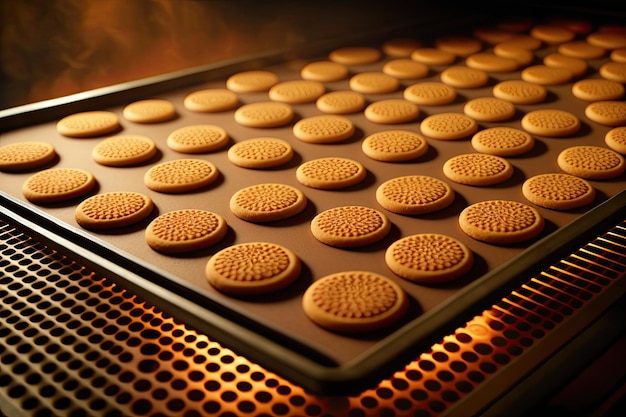 Muitos biscoitos redondos na assadeira no forno