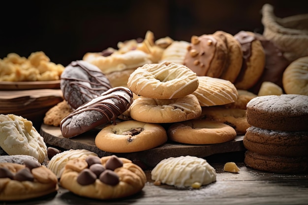 Muitos biscoitos saborosos biscoitos na mesa de madeira e fundo preto