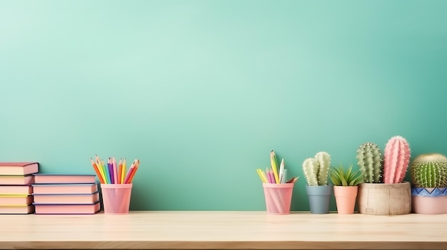 Muitos cactos coloridos com livros na mesa de fundo azul