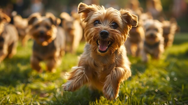 Muitos cães correm e brincam com uma bola em um prado um bonito bando de Jack Russell Terriers