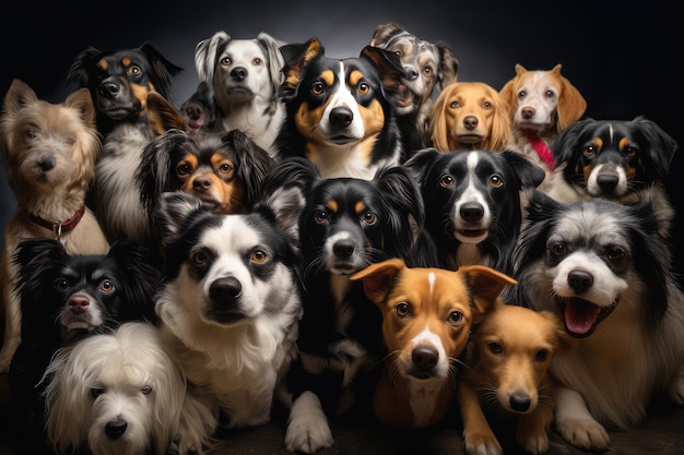 Foto muitos cães de raças diferentes olhando para a câmera