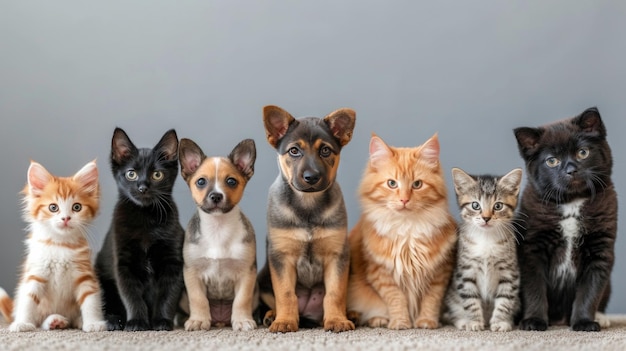 Muitos cães e gatos diferentes sentam-se em fila e olham para a câmera