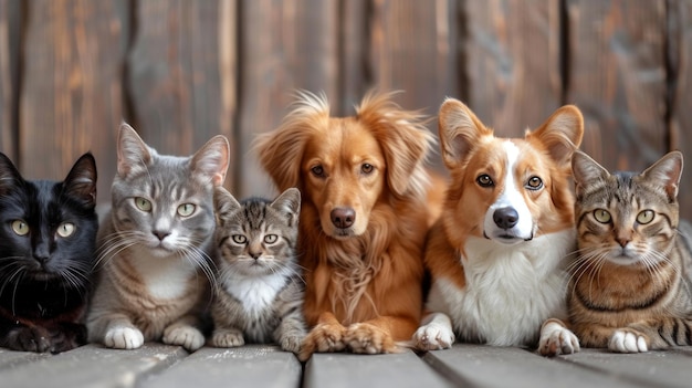 Muitos cães e gatos diferentes sentam-se em fila e olham para a câmera