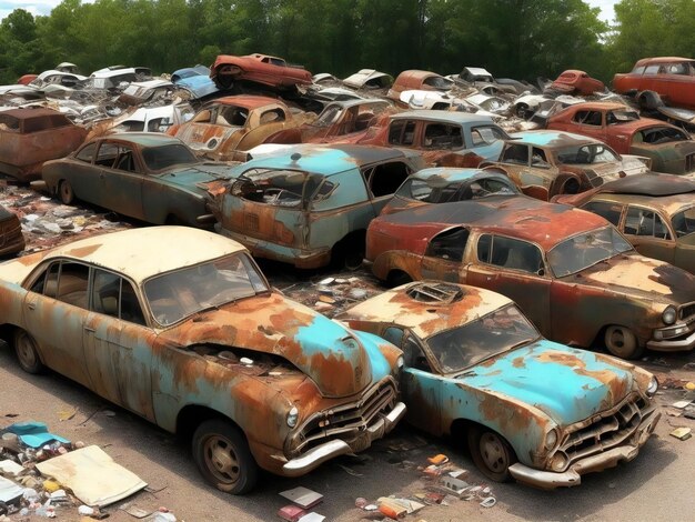 Muitos carros antigos, uns em cima dos outros, um lixo de reciclagem automática gerado por IA