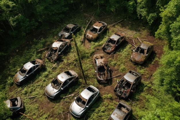 Muitos carros foram abandonados na floresta.