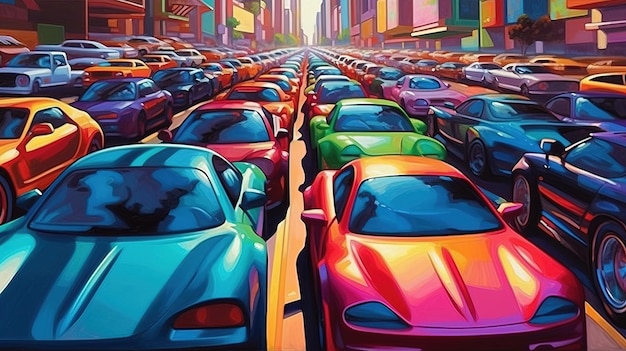 Muitos carros na rua de uma grande metrópole Carros dirigindo na estrada