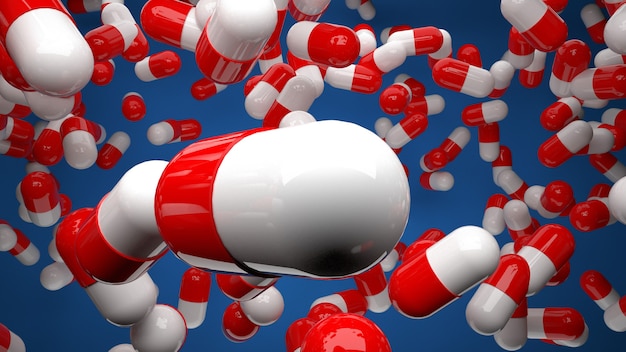 Muitos comprimidos de remédio vermelho e branco flutuando no ar em fundo azul d ilustração