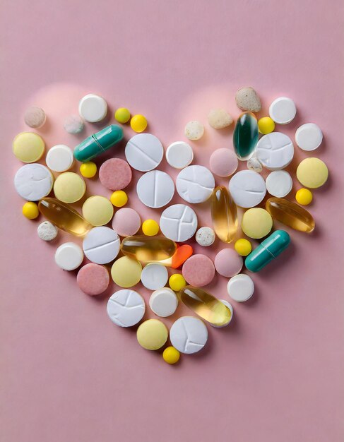 Foto muitos comprimidos e comprimidos diferentes dobrados em forma de coração em fundo rosa muitos comprimidos