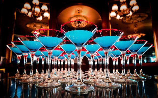 Foto muitos copos de martini estão no bar, xarope vermelho, borda azul nos copos.