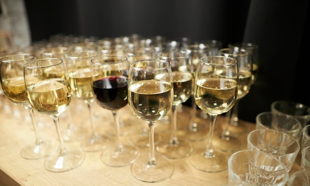 Muitos copos de vinho com um delicioso champanhe ou vinho branco no bar