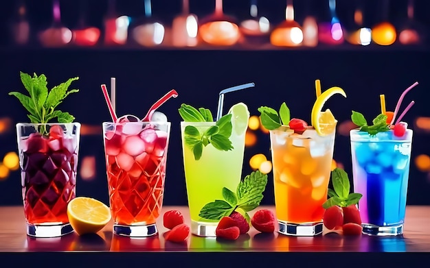 Muitos coquetéis de frutas coloridos refrescantes diferentes com hortelã de limão gelado e bagas em uma festa de clube noturno de balcão com refrigerantes
