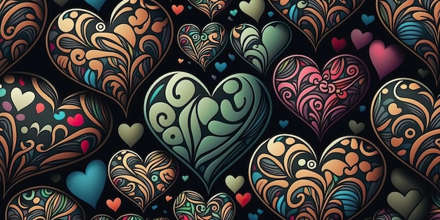 Muitos corações brilhantes de cores diferentes em um fundo colorido Amor e coração