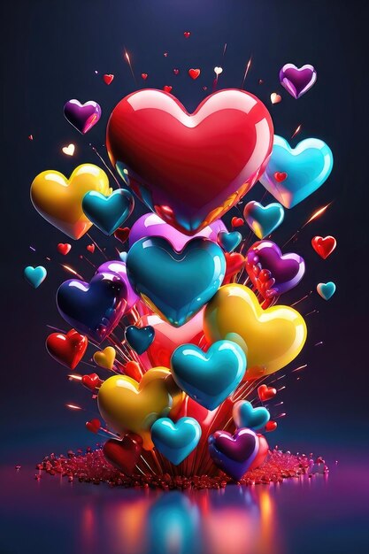 Muitos corações coloridos e brilhantes em fundo abstrato
