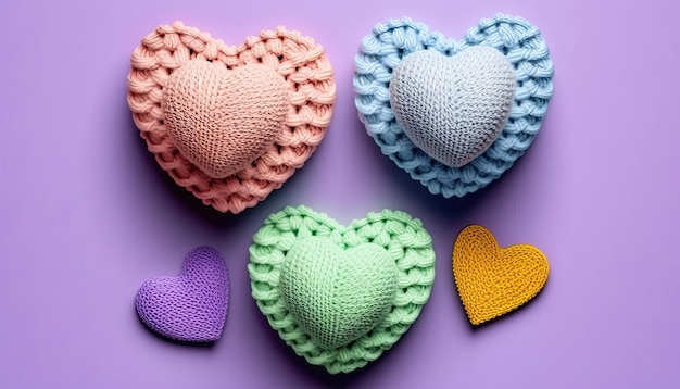 Muitos corações de crochê coloridos em fundo roxo Generative AI