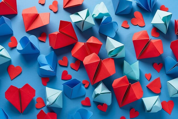 Foto muitos corações de papel origami azul com um vermelho sobre eles