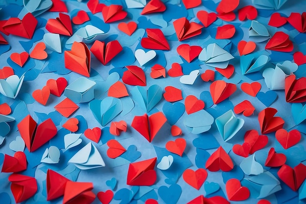 Foto muitos corações de papel origami azul com um vermelho sobre eles