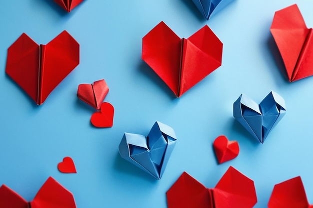 Foto muitos corações de papel origami azul com um vermelho sobre eles