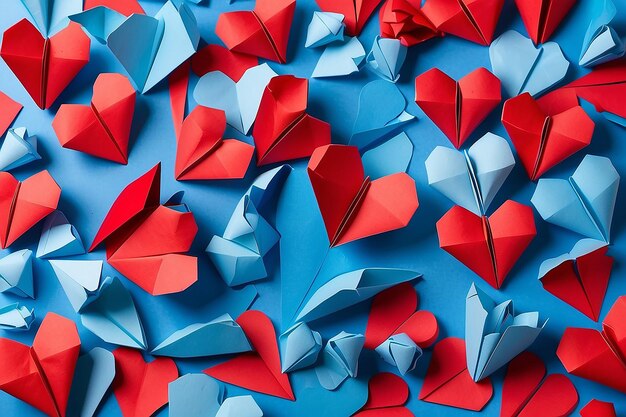 Foto muitos corações de papel origami azul com um vermelho sobre eles