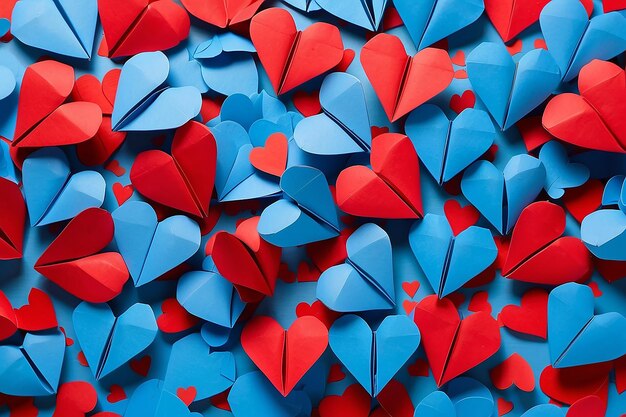 Foto muitos corações de papel origami azul com um vermelho sobre eles