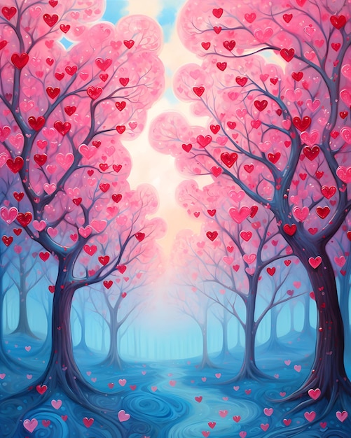 Muitos corações em árvores perto de uma floresta