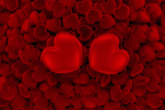 Muitos corações vermelhos e um par de grandes corações brilhantes no topo.
