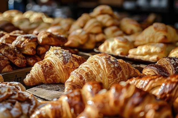 Muitos croissants de textura de fundo frescos, bolos de pastelaria, tortas de padrão, doces, kiffers, manteiga, viennoiseries.