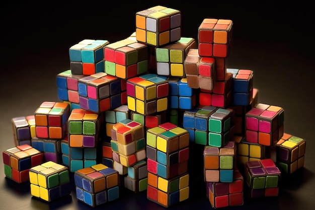 Muitos cubos de rubik na mesa em um fundo escuro