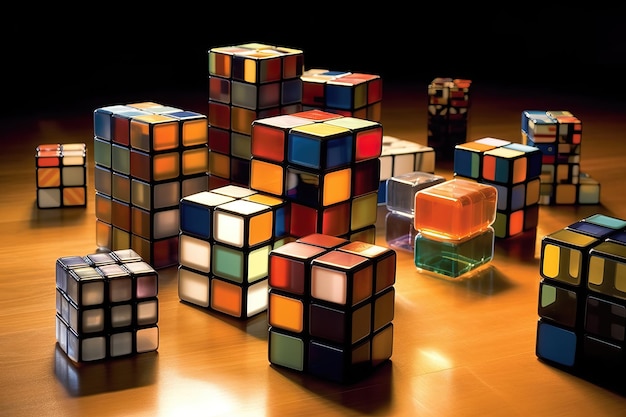 Muitos cubos de rubik na mesa em um fundo escuro