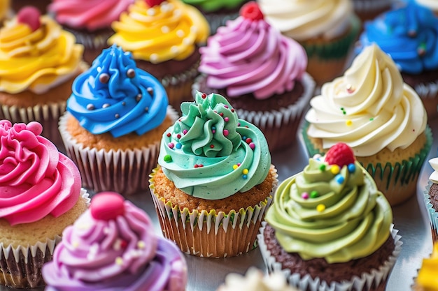 Muitos cupcakes deliciosos de cores diferentes