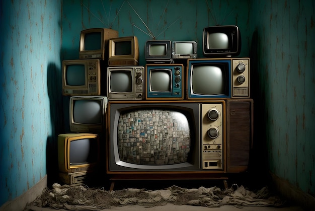 Muitos desligaram antigos aparelhos de TV analógicos empilhados ao longo da arte gerada pela rede neural da parede
