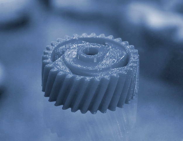Muitos detalhes azuis impressos em close-up da impressora parte d impressa a partir de tecnologias de plástico fundido fdm