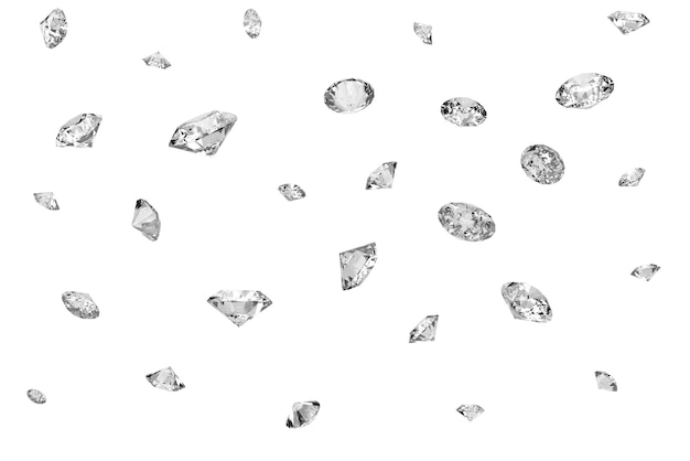 Muitos diamantes brilhantes caindo sobre uma superfície branca